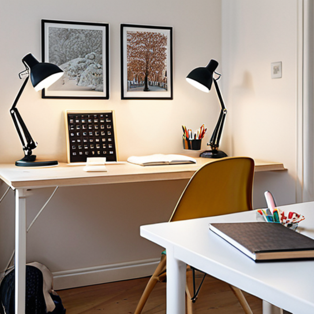 **A well-organized and brightly lit study desk in a Swedish home, featuring a comfortable chair, minimal distractions, and a focused student.** (Focuses on the ideal study environment).